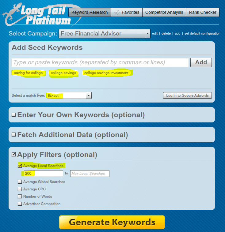 Long Tail Pro campaign settings for search